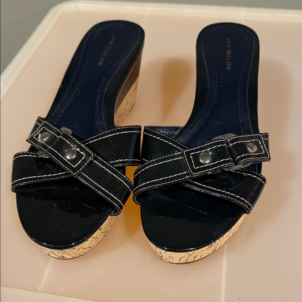 Ann Taylor Black/dark midnight navy  Patent Leather Mules with Tan Wedge